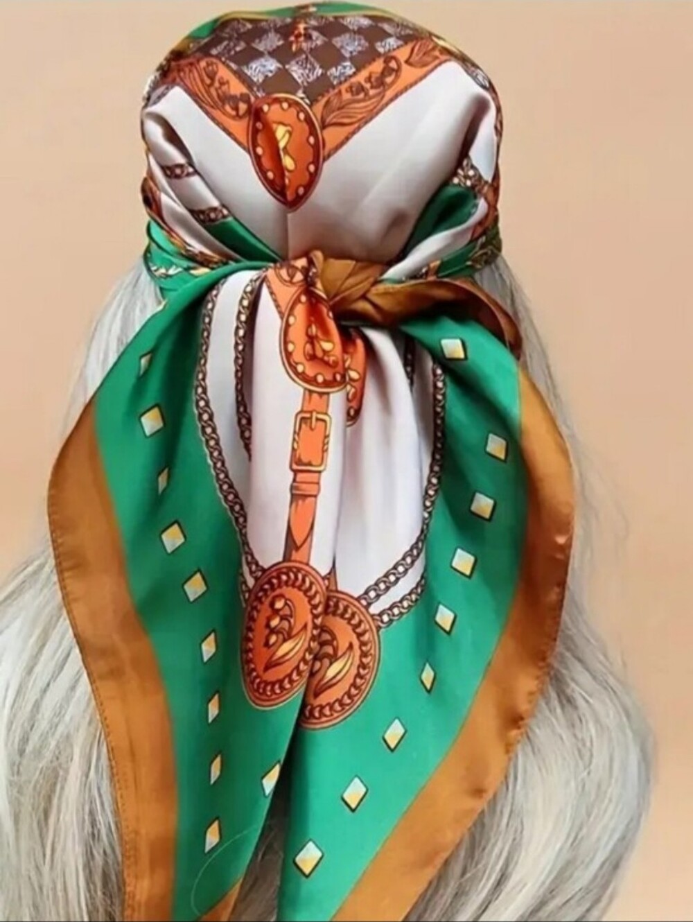 Silk-Style Green and Gold Printed Scarf for Women